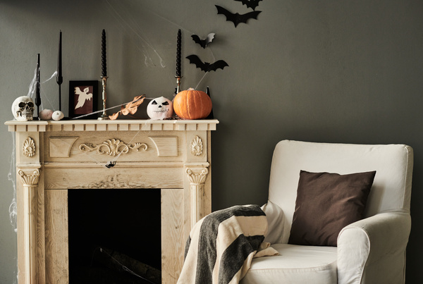 Room with Fireplace Decorated for Halloween